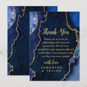 Navy Blue and Gold Agate Marble Wedding Thank You Card