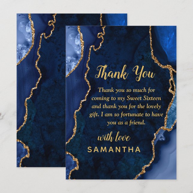 Navy Blue and Gold Agate Sweet Sixteen Thank You Card (Front/Back)