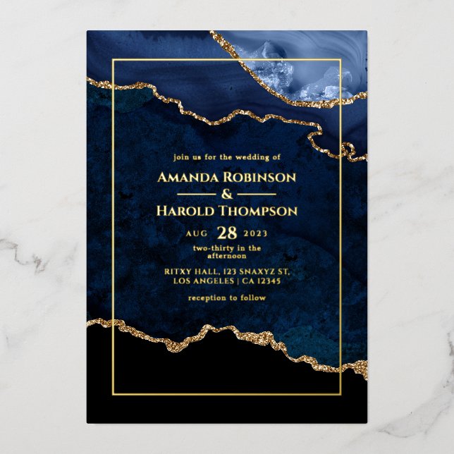 Navy Blue and Gold Agate Wedding Foil Invitation (Front)