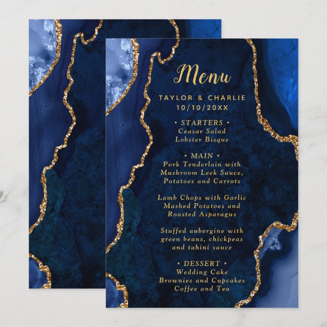Navy Blue and Gold Agate Wedding Menu (Front/Back)