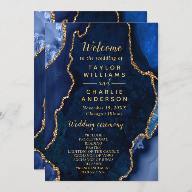 Navy Blue and Gold Agate Wedding Program (Front/Back)
