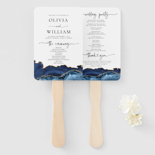 Navy Blue and Gold Agate Wedding Program Hand Fan (Front and Back)