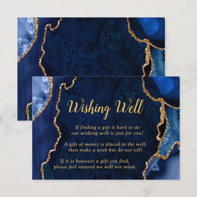 Navy Blue and Gold Agate Wedding Wishing Well Enclosure Card (Front/Back)