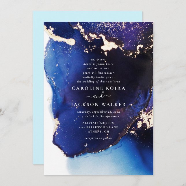 Navy Blue and Gold Alcohol Ink Wedding Invitation (Front/Back)