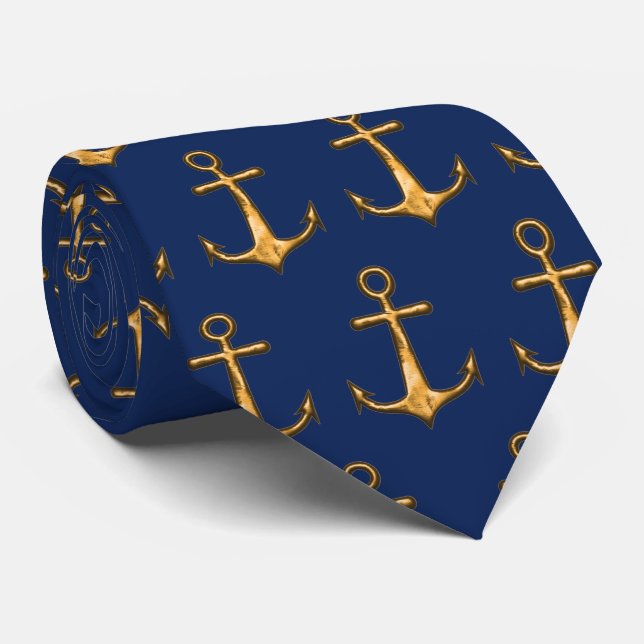 Navy Blue and Gold Anchors Nautical Tie (Rolled)