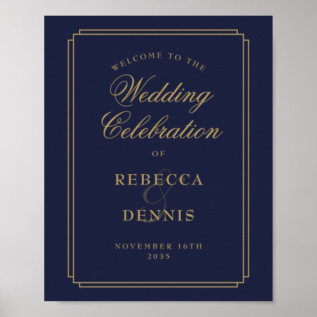 Navy Blue And Gold Art Deco Wedding Welcome Sign (Front)