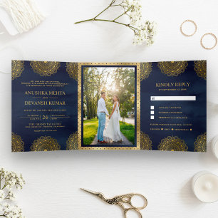 Navy Blue and Gold Asian Mandala Indian Wedding Tri-Fold Invitation
