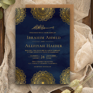 Navy Blue and Gold Asian Motif Muslim Wedding Invitation
