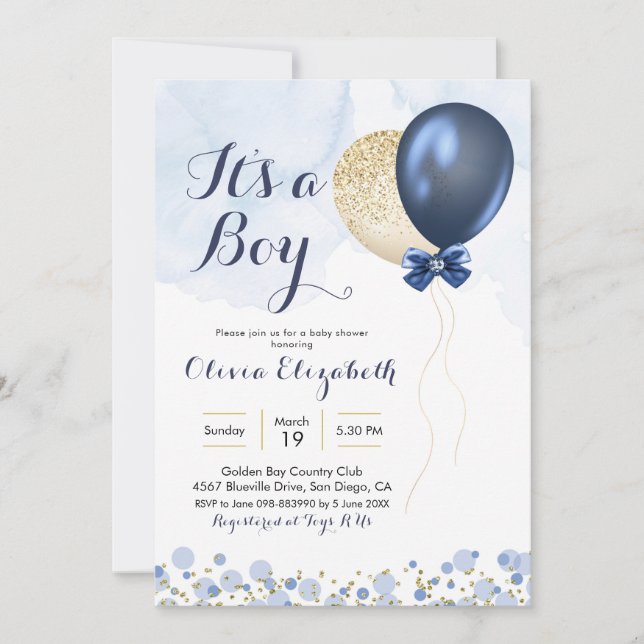 Navy Blue and Gold Balloon Boy Baby Shower Invitation (Front)