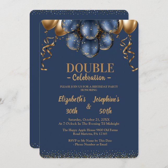 Navy Blue and gold balloons double joint birthday Invitation (Front/Back)
