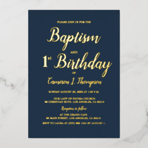 Navy blue and gold Baptism and 1st birthday Foil Holiday Card