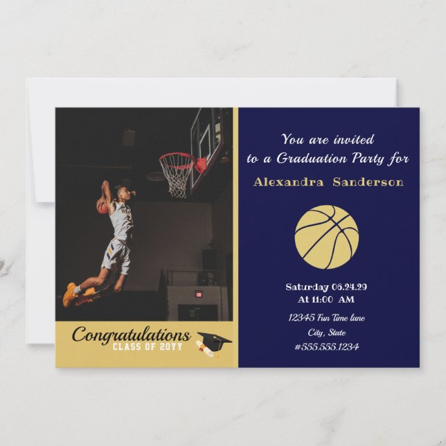 Navy Blue and Gold Basketball graduation party Invitation (Front)