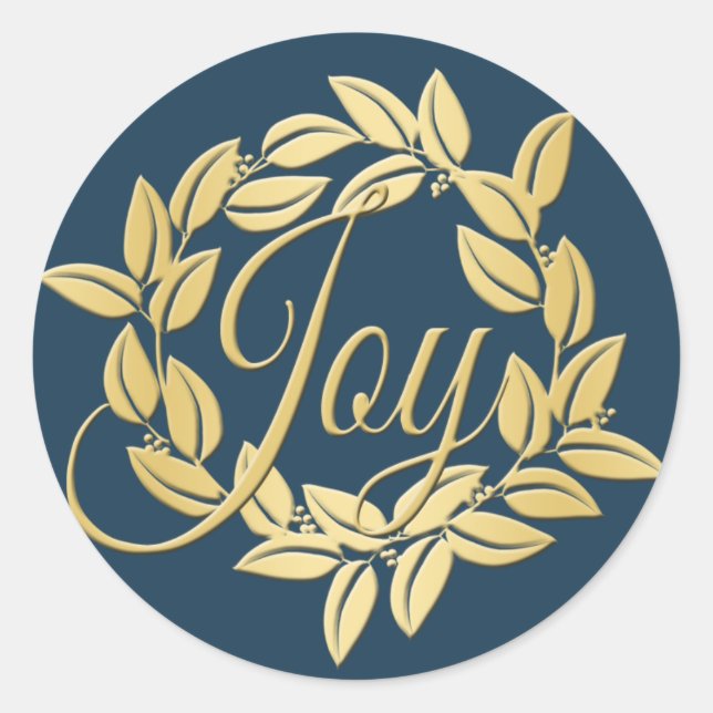 Navy Blue and Gold Bay Leaf Joy Wreath Classic Round Sticker (Front)
