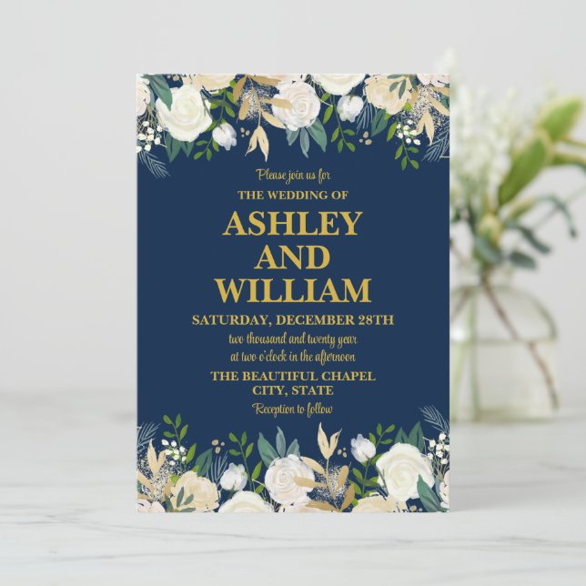 Navy Blue and Gold Boho Bohemian Greenery Wedding Invitation (Standing Front)