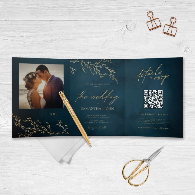Navy Blue and Gold Botanical Elegant Wedding Tri-Fold Invitation (Creator Uploaded)