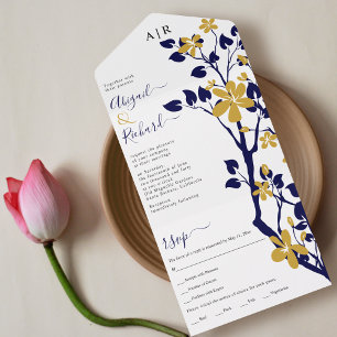Navy blue and gold branch with flowers wedding all in one invitation