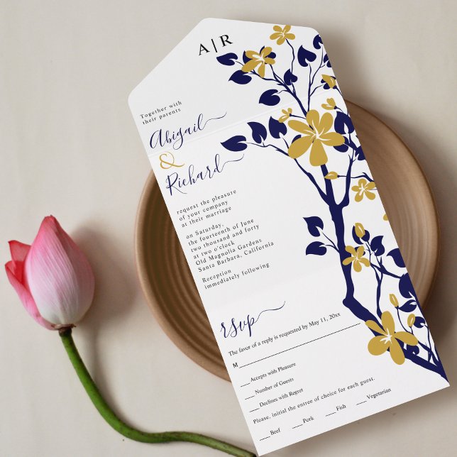 Navy blue and gold branch with flowers wedding  all in one invitation (Creator Uploaded)
