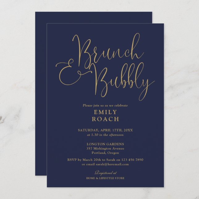 Navy Blue And Gold Brunch And Bubbly Bridal Shower Invitation (Front/Back)
