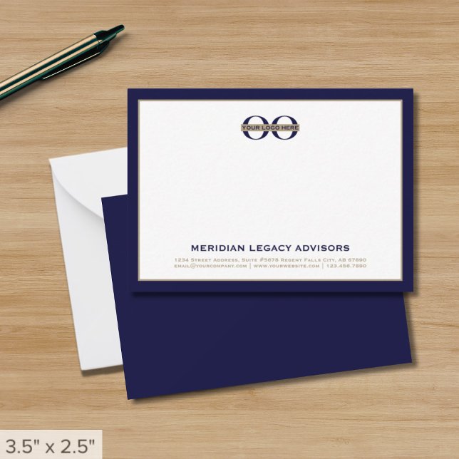 Navy Blue and Gold Business Note Card with Logo (Creator Uploaded)