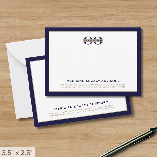 Navy Blue and Gold Business Note Cards with Logo (Creator Uploaded)