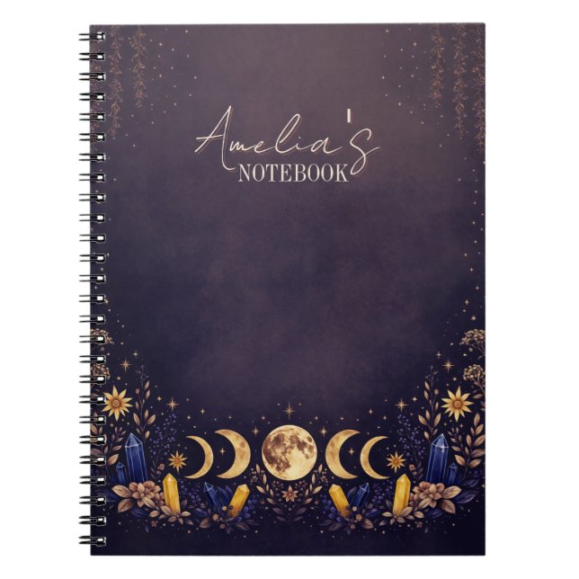 Navy Blue and Gold Celestial Moon Phase Notebook (Front)