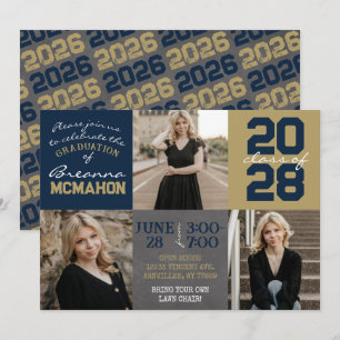 Navy Blue and Gold Chalkboard 3 Photo Graduation Invitation