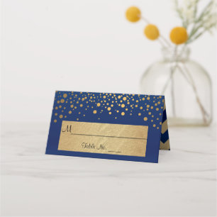 Navy Blue and Gold Chevron and Confetti Dots 2 Place Card