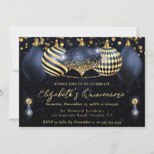 Navy Blue and Gold Christmas Baubles Quinceanera Invitation