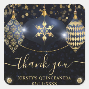 Navy Blue and Gold Christmas Baubles Quinceanera Square Sticker