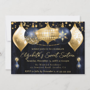 Navy Blue and Gold Christmas Baubles Sweet 16 Invitation