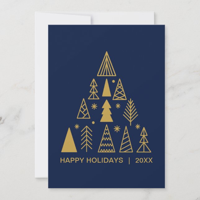 Navy Blue and Gold Christmas Tree | Holiday Card  (Front)
