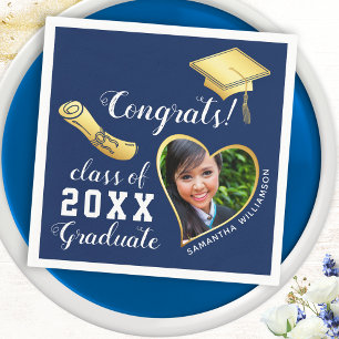 Navy Blue and Gold Class 2025 Photo Graduation Napkin
