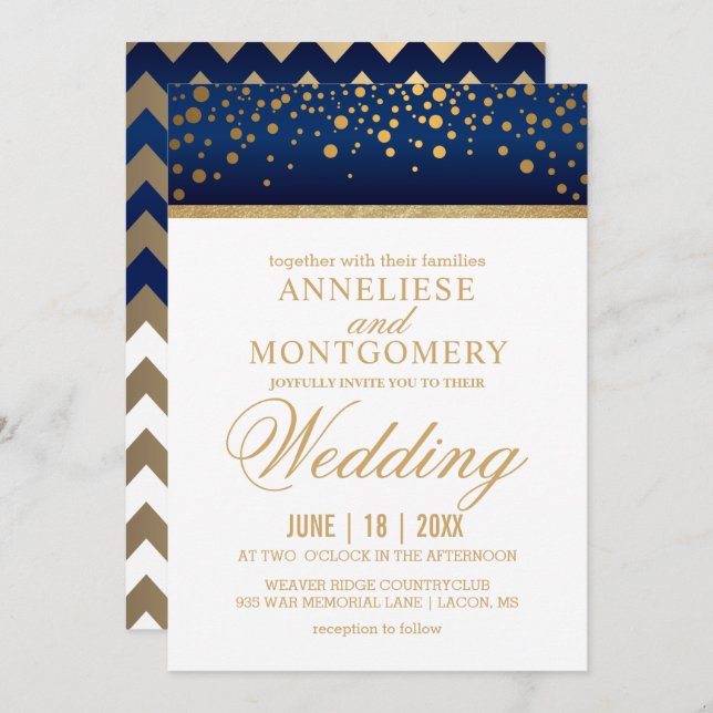 Navy Blue and Gold Confetti Dots - Invitation (Front/Back)