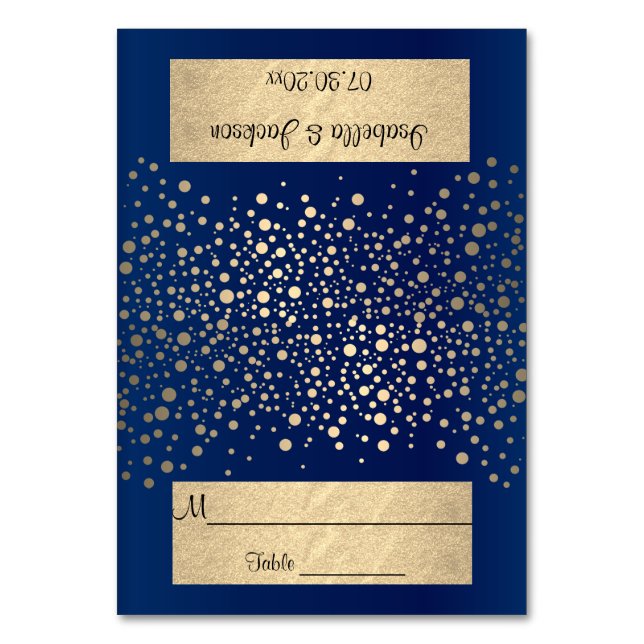 Navy Blue and Gold Confetti Dots - Wedding Table Number (Front)