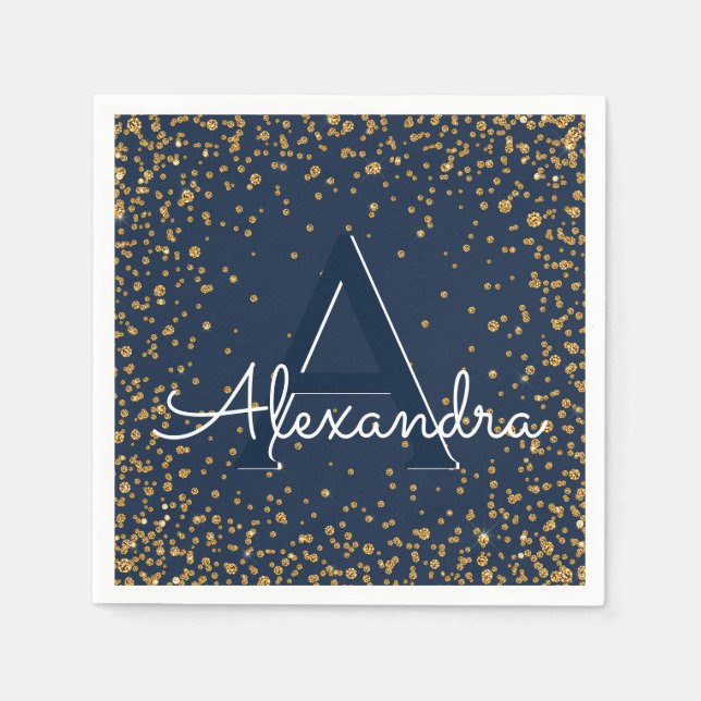 Navy Blue and Gold Confetti Monogram Birthday Napkin (Front)