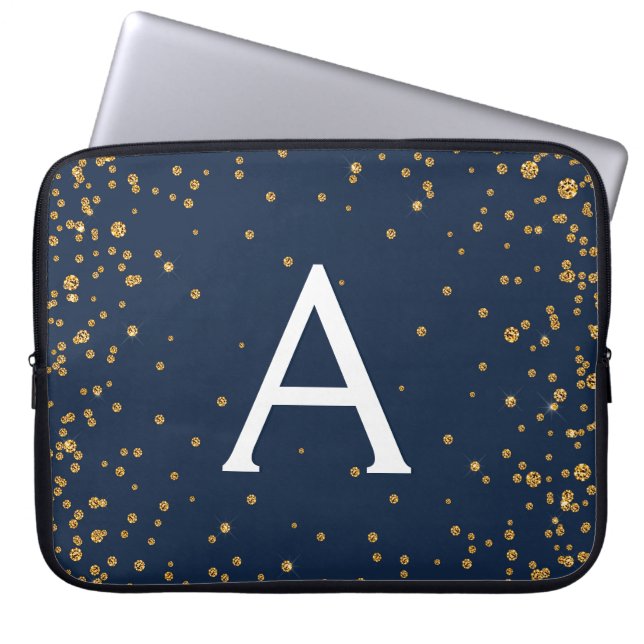 Navy Blue and Gold Confetti Monogram Laptop Sleeve (Front)