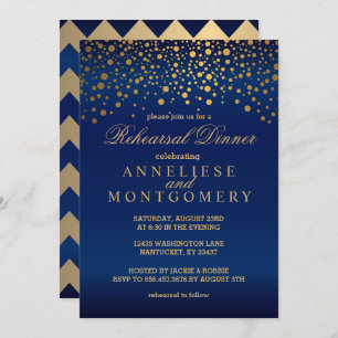 Navy Blue and Gold Confetti Rehearsal Dinner Invitation