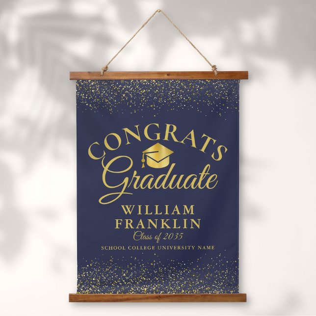 Navy Blue And Gold Congrats Graduate Graduation Hanging Tapestry (Creator Uploaded)