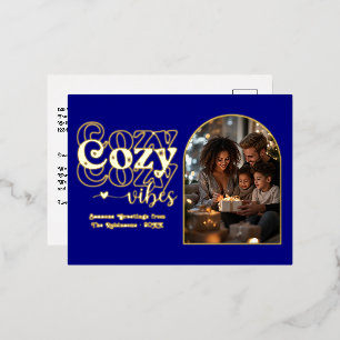 Navy Blue and Gold Cosy Vibes Retro Christmas Foil Holiday Postcard