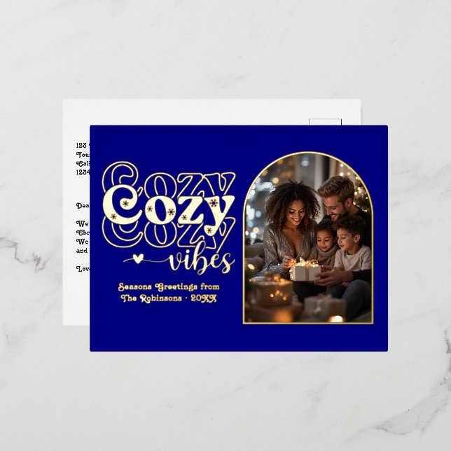 Navy Blue and Gold Cosy Vibes Retro Christmas Foil Holiday Postcard (Front/Back)