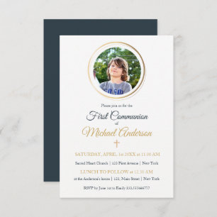 Navy Blue and Gold Custom Photo First Communion Invitation