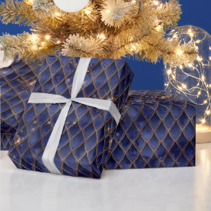 Navy Blue and Gold Dragon Scales Wrapping Paper