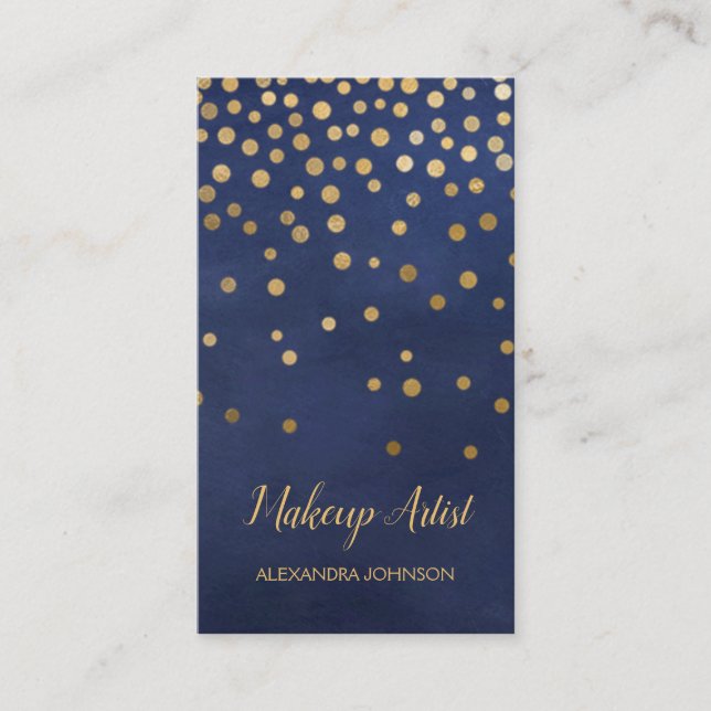 Navy Blue and Gold Elegant Confetti Makeup Artist Business Card (Front)