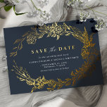 Navy Blue and Gold | Elegant Floral Save the Date<br><div class="desc">Formal save the date cards featuring real metallic foil. Vintage-style florals frame your details. Gold on dark blue.</div>