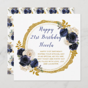 Navy Blue and Gold Elegant Flowers Birthday Party Card