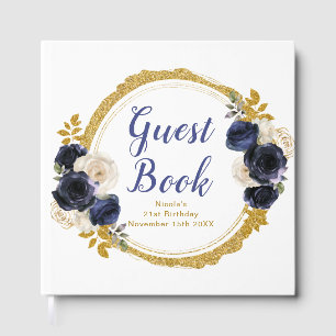 Navy Blue and Gold Elegant Flowers Birthday Party Guest Book