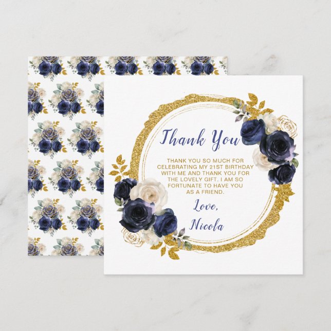 Navy Blue and Gold Elegant Flowers Birthday  Thank You Card (Front/Back)