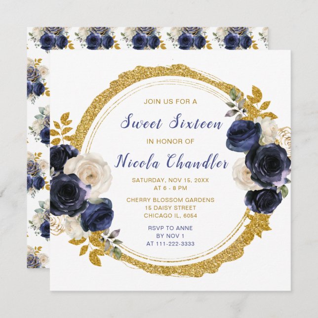 Navy Blue and Gold Elegant Flowers Sweet Sixteen Invitation (Front/Back)