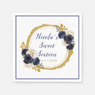 Navy Blue and Gold Elegant Flowers Sweet Sixteen Napkin