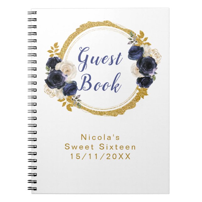 Navy Blue and Gold Elegant Flowers Sweet Sixteen Notebook (Front)